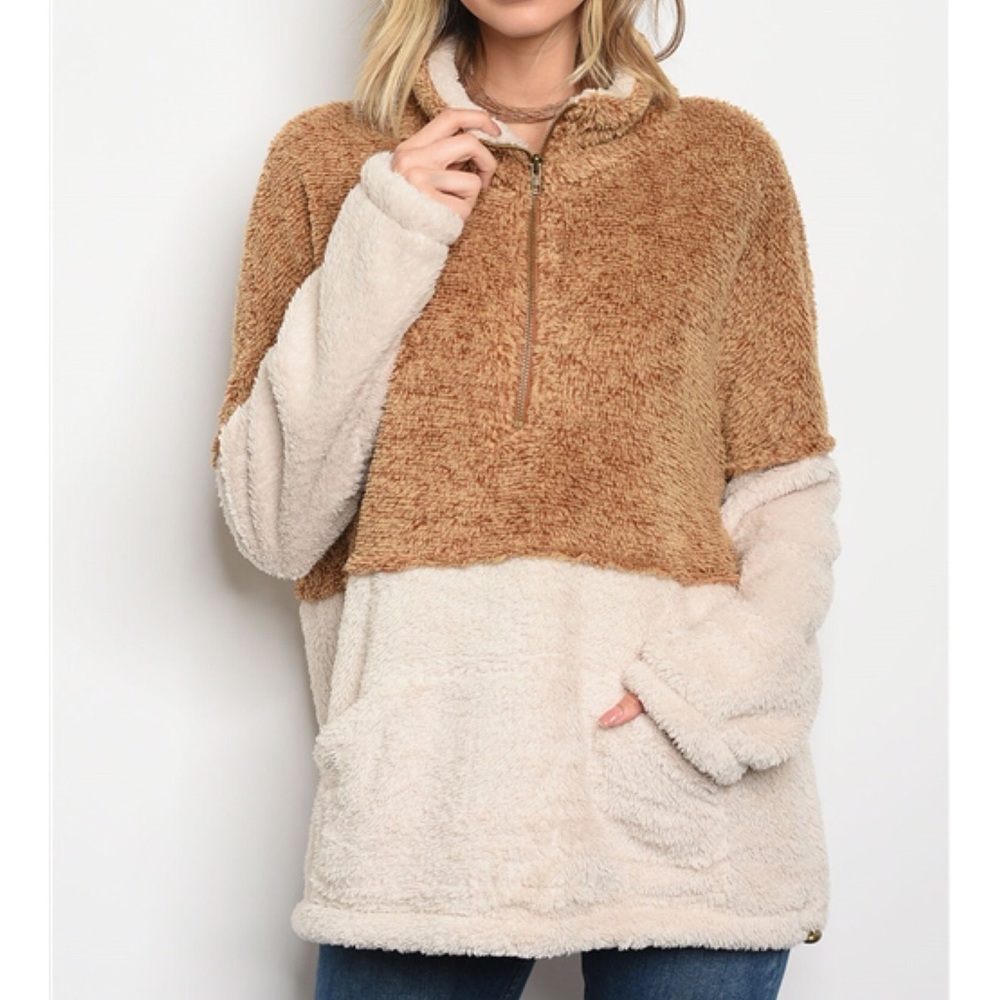 Two Tone Pullover Zip Fleece Sherpa Sweater - Picture 2 of 3